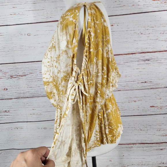 FREE PEOPLE Abracadabra Cold Shoulder Floral Drapey Boho Mustard Yellow Top - Picture 4 of 8